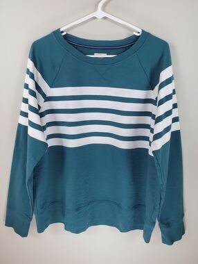 L.L. Bean Size 1X Teal Sea Salt Stripe Women's Peaks Island Long Sleeve Crewneck